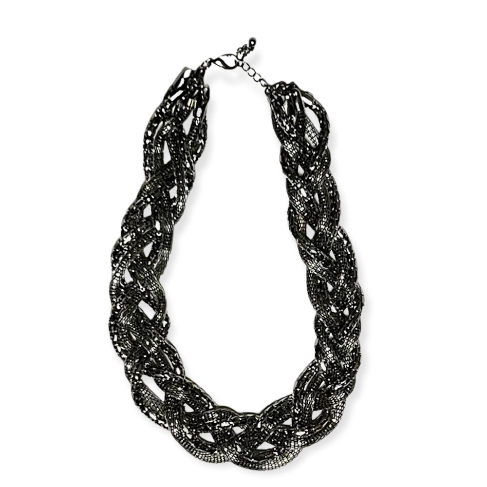 Multi Strand Shiny Braided Chunky Tube Silvertone Metal Chain Necklace
